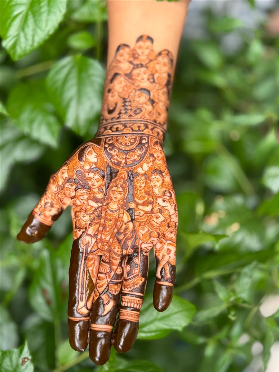 Krishna with gopis drawn on a palm