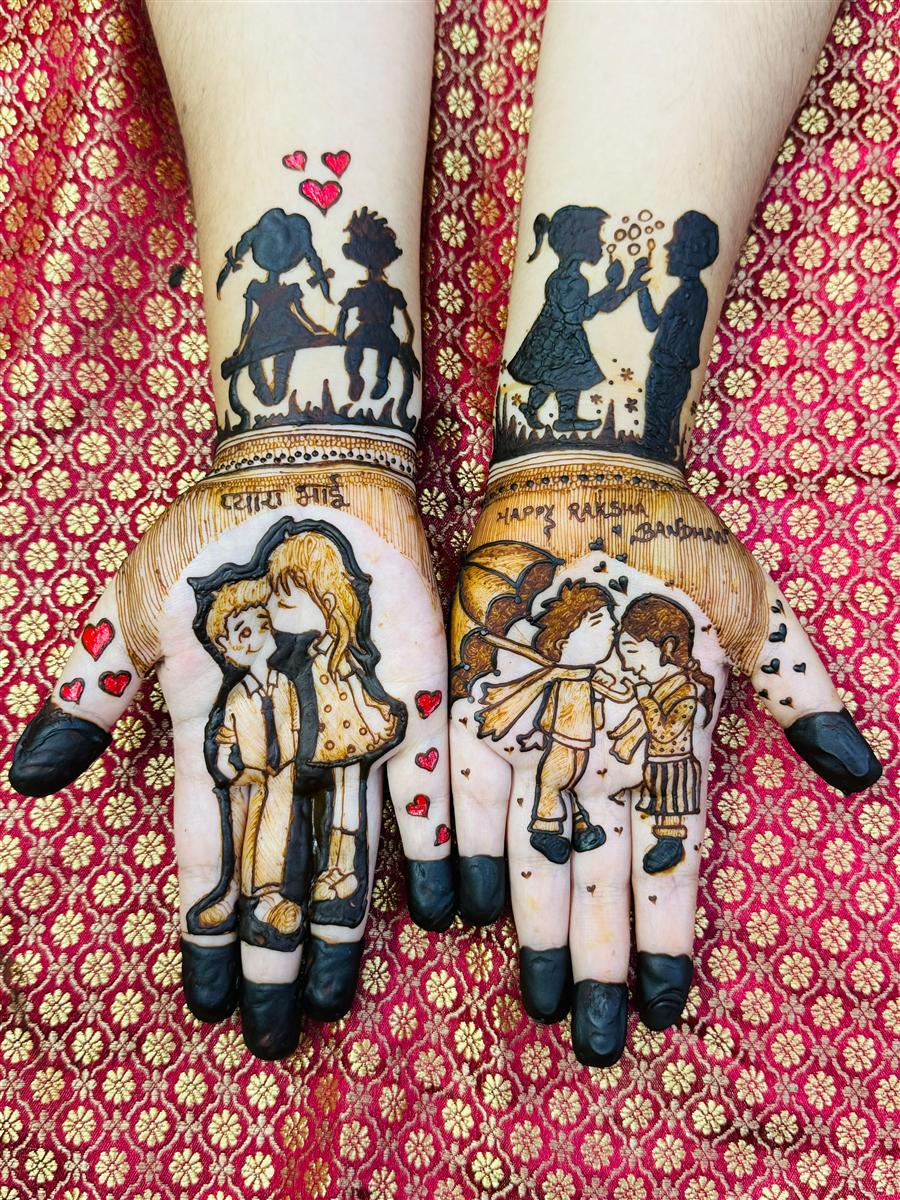 Raksha Bandhan cartoon siblings mehandi with red heart accents