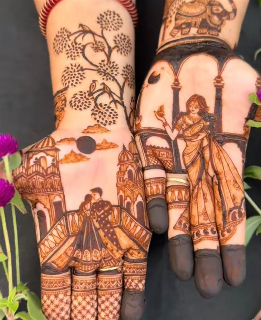 Karwa Chauth themed mehandi on both hands