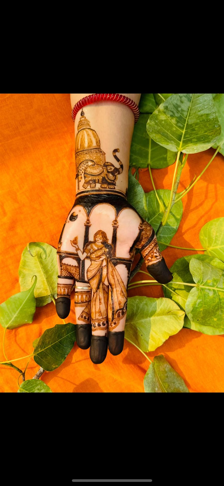 Palm with lady holding diya under temple arches