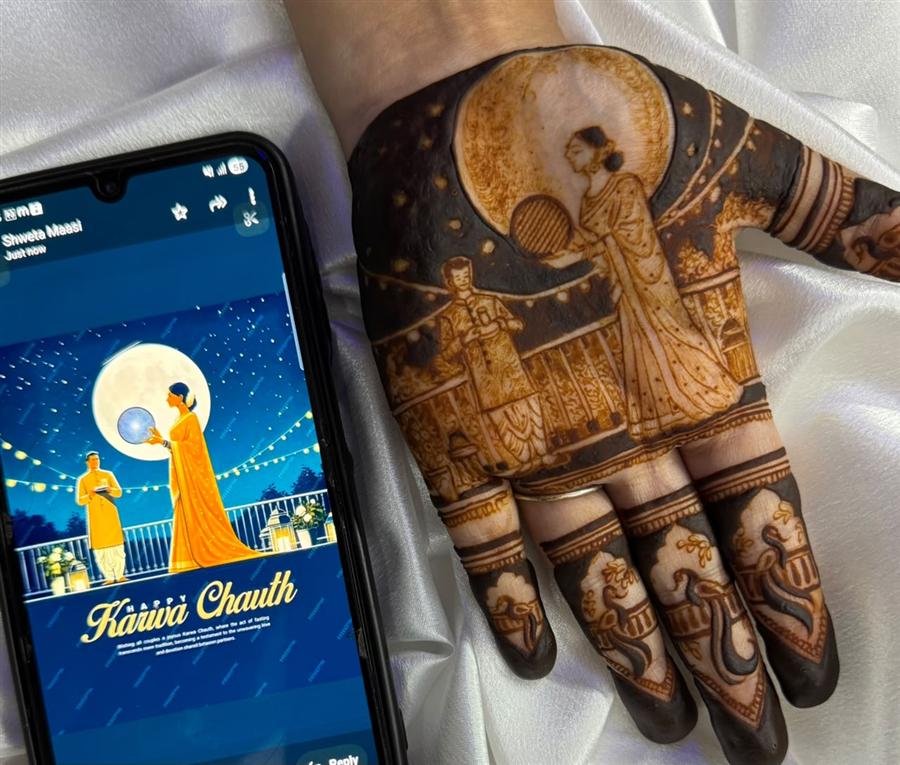 Karwa Chauth greeting card recreated in henna